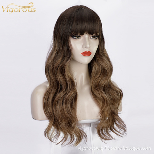 Vigorous Cheap Price Curly Mono Brown Body Wave Hair Heat Resistant Fiber For Women Synthetic Wig With Neat Bang